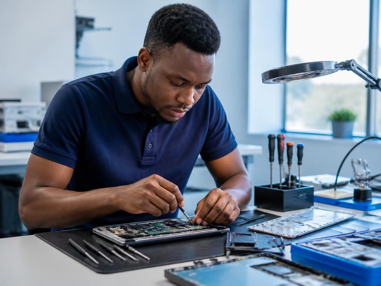 Tricom technician repairing a laptop mainboard at a service workbench
