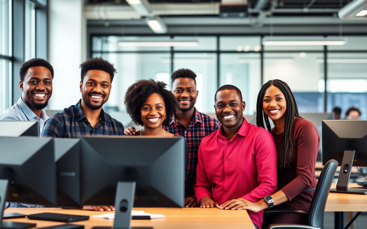 Tricom technology team collaborating in a modern office