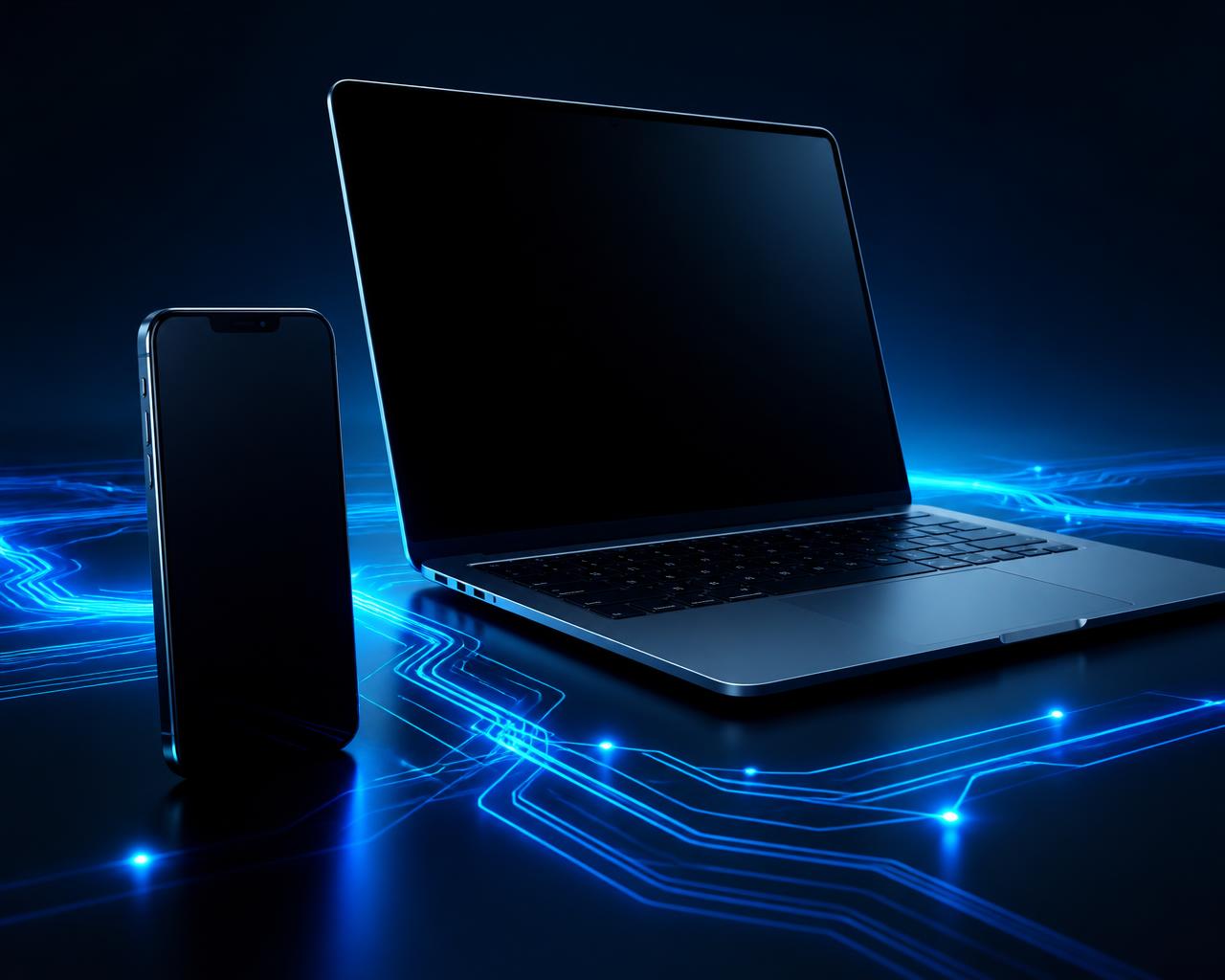 Laptop and smartphone connected by glowing blue circuit light traces