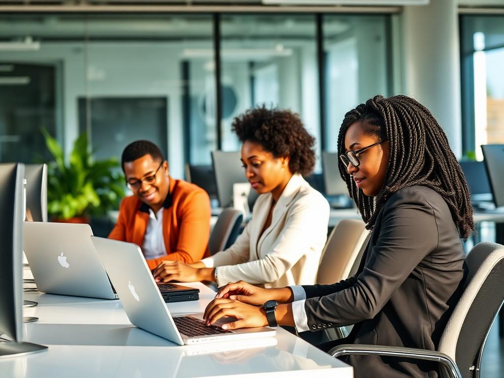 Tricom employees working on laptops in a modern office