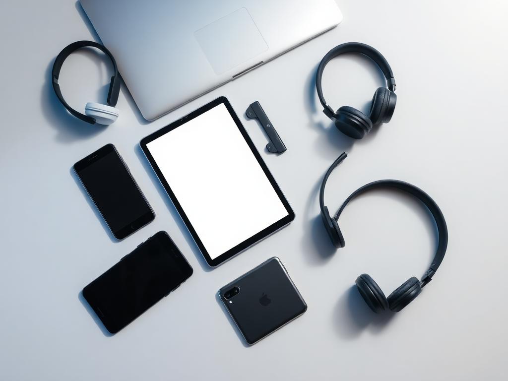Smartphones, tablet, laptop and headphones arranged on a light surface